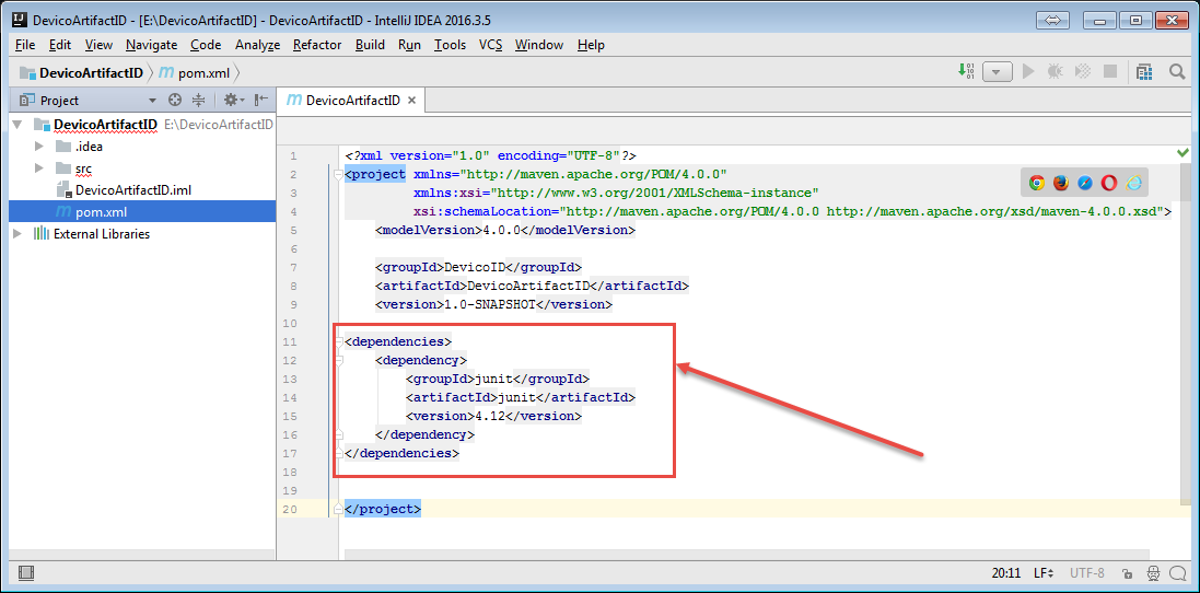 Connect the JUnit dependency in pom.xml using Maven