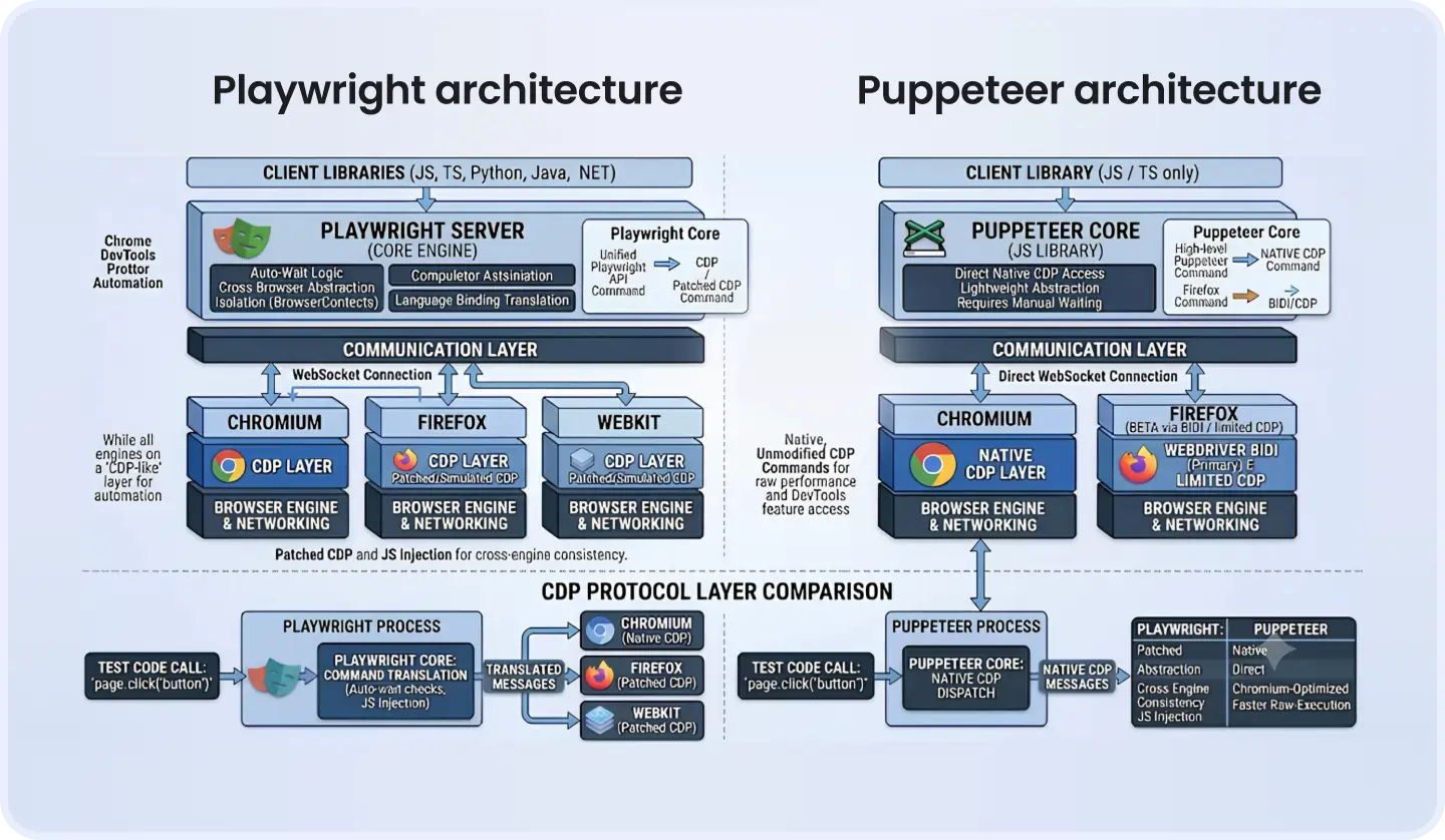 Playwright vs Puppeteer architecture Playwright vs Puppeteer architecture diagram showing CDP protocol layer comparison