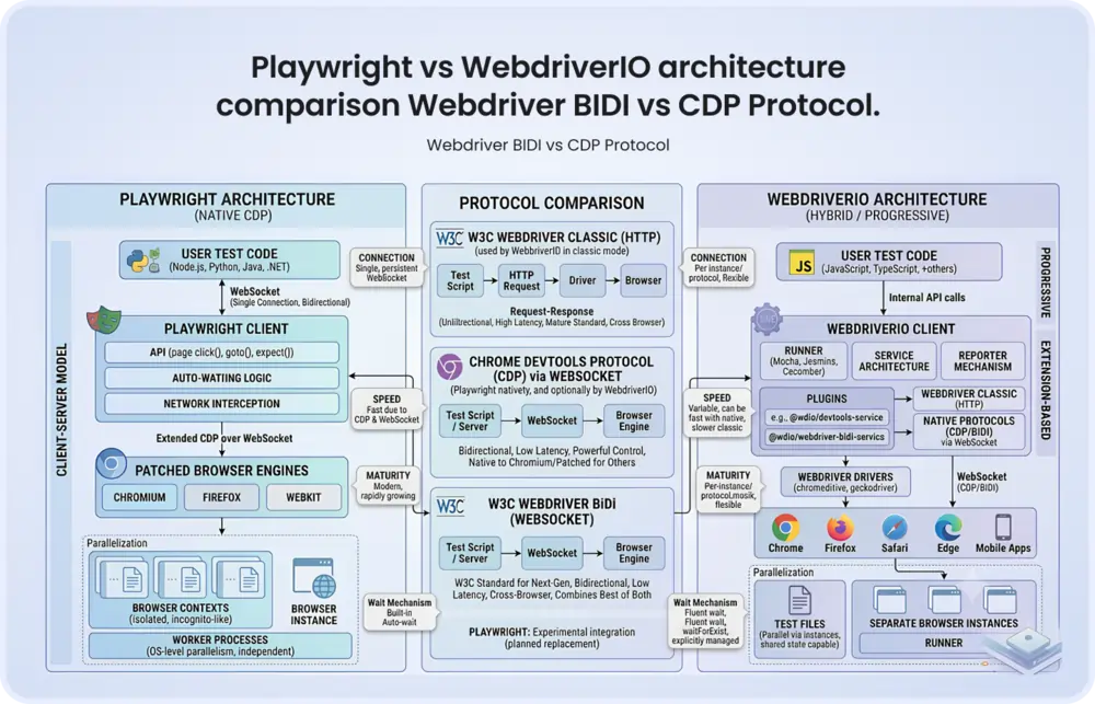 Playwright vs WebdriverIO architecture comparison Webdriver BIDI vs CDP Protocol. Playwright vs WebdriverIO architecture comparison diagram — WebDriver BiDi vs CDP protocol